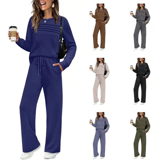 ⏳Begränsad tid 49 % rabatt⏰Damtröja med rund hals och byxor med dragsko👚👖