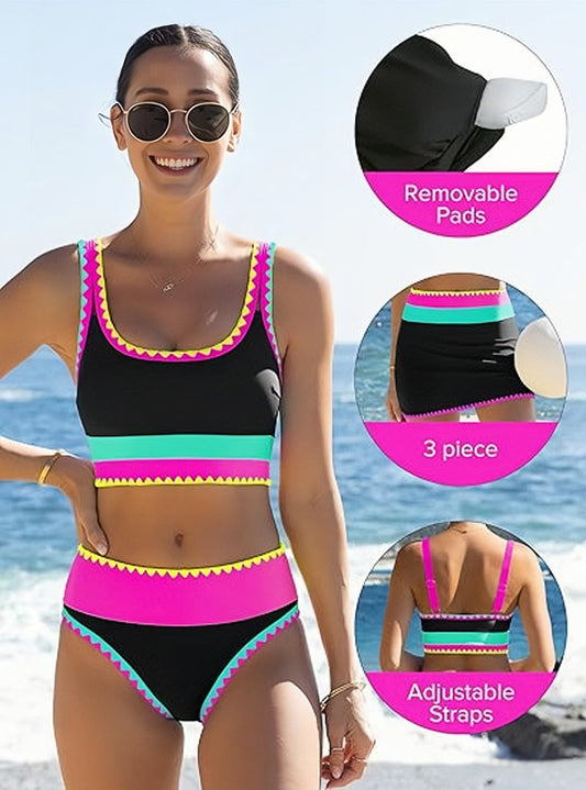 🌼 Färgblockerad Sportig 3-delars Bikiniset i Nylon – Högmidja med Magekontroll 👙