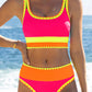 🌼 Färgblockerad Sportig 3-delars Bikiniset i Nylon – Högmidja med Magekontroll 👙