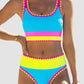 🌼 Färgblockerad Sportig 3-delars Bikiniset i Nylon – Högmidja med Magekontroll 👙