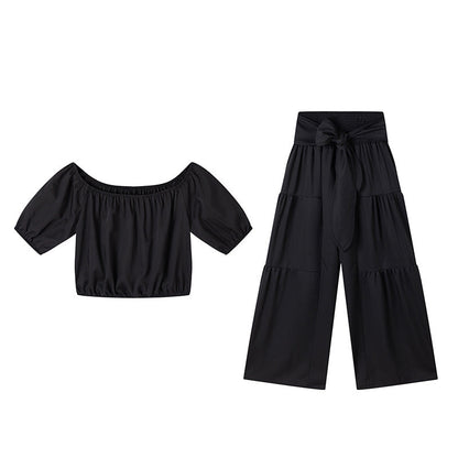 Off-Shoulder topp med puffärm och byxor med vida ben 2-delat set