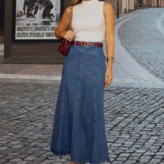 🌟 Förlänger & Smalnar | A-linje Denim Maxikjol | Smickrande Silhuett 💃