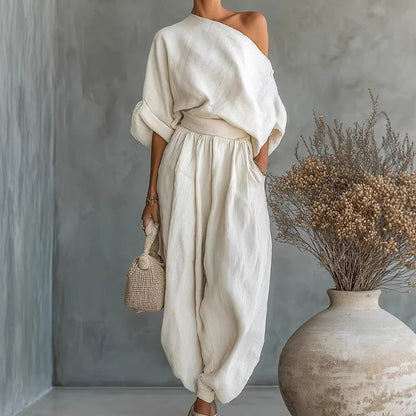 🎁NYHET 60% RABATT💥Asymmetriskt set med enaxlad topp och byxor för kvinnor