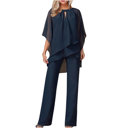 🎉Elegant tvådelat set: blus med asymmetrisk fåll och vida byxor