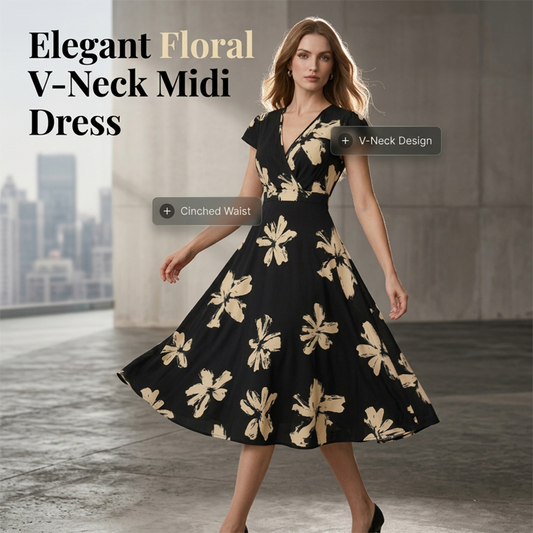 👗50% RABATT!🌸Casual klänning med tryck, V-ringning och volanger för damer