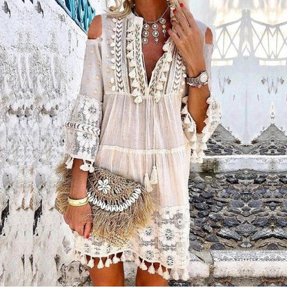 👗 50% RABATT NU!🌸 Dam Lös Bomull Linne Broderad Klänning – Andningsbar & UV-skydd – Sommar Essential ☀️