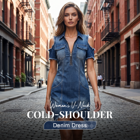 Dammklänning i denim med V-ringning och bar axel