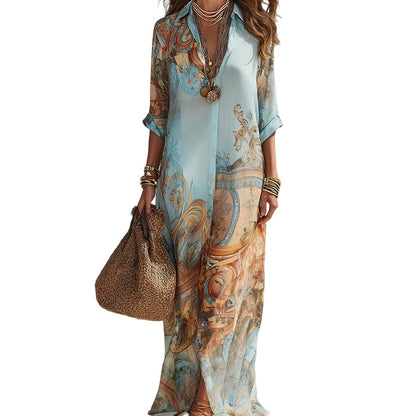 ✨ Exklusivt – 60 % RABATT! 👗 Elegant boho-klänning med knäppning – retro-mönster, flödande siluett & perfekt för fest, semester & vardag 🌿
