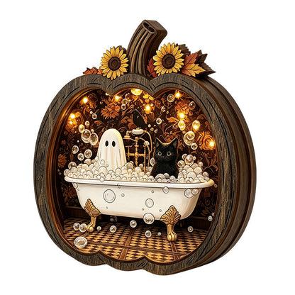 🎃TIDSBEGRÄNSAT 50% RABATT! Halloween Trä Pumpa Bordsdekor – Dubbelskikts Träkonstruktion med Festlig Charm