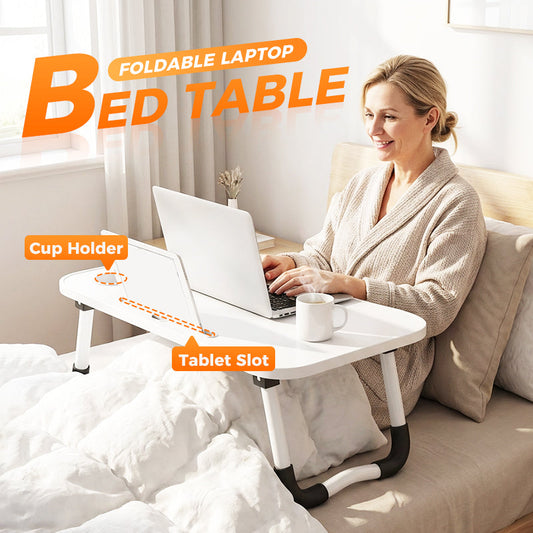 Vikbart laptopbord för sängen med mugghållare